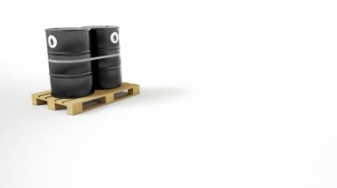 Beyaz arka plan üzerinde izole ahşap palet üzerinde bulunan petrol sembolü ile iki metal siyah varil. Fıçılar bantla bağlanmış. Kamera kamyon hareketi. 60 fps animasyon.