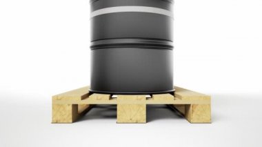Beyaz arka plan üzerinde izole ahşap palet üzerinde bulunan petrol sembolü ile iki metal siyah varil. Kamera kaide hareketi, asansör. 60 fps animasyon.