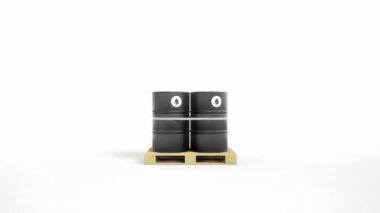 Petrol sembolü ile iki metal siyah varil bant, ahşap palet üzerinde bulunan, beyaz arka plan üzerinde izole bağlı. Kamera dolly hareketi, zoom. 60 fps animasyon.