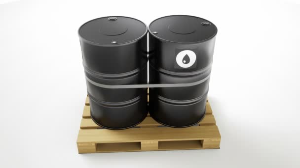 Two Metal Black Barrels Oil Symbol Located Wooden Pallet Isolated — Stock Video