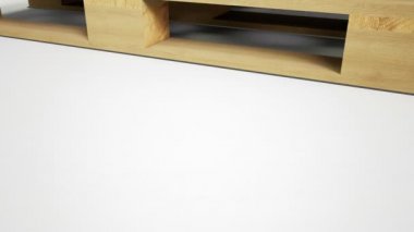 Beyaz arka plan üzerinde izole ahşap palet üzerinde bulunan petrol sembolü ile iki metal siyah varil yakın çekim. Fıçılar bantla bağlanmış. Kamera kaide hareketi, asansör. 60 fps animasyon.