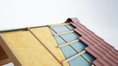 Çatı katmanları bölümünde. Görünür İzolasyonlar, yün, yapı ve kahverengi klasik seramik fayans. 60 fps animasyon.