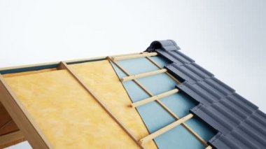 Kesit. Görünür yalıtımlar, yün, yapı ve gri klasik seramik karolar. 60 fps animasyon.