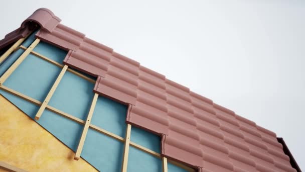 Ausschnitt Aus Dachkuchen Sichtbarer Dämmung Struktur Wolle Klassisch Braunen Keramikziegeln — Stockvideo