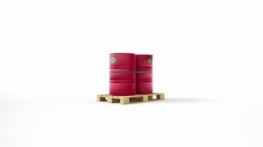 Beyaz arka plan üzerinde izole ahşap palet üzerinde bulunan yanıcı sembolü ile iki metal kırmızı varil. Fıçılar bantla bağlanmış. Kamera dolly hareketi, zoom. 60 fps animasyon.