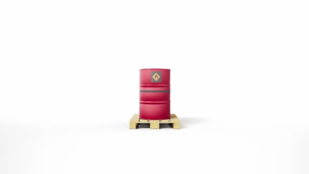 白いバックグロンに隔離された木製パレットに位置する可燃性のシンボルを持つ赤い金属バレル カメラの台車の動き ズーム Fps アニメーション — ストック動画