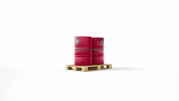 Zwei Rote Metallfässer Mit Brennbarem Symbol Auf Einer Holzpalette Isoliert — Stockvideo