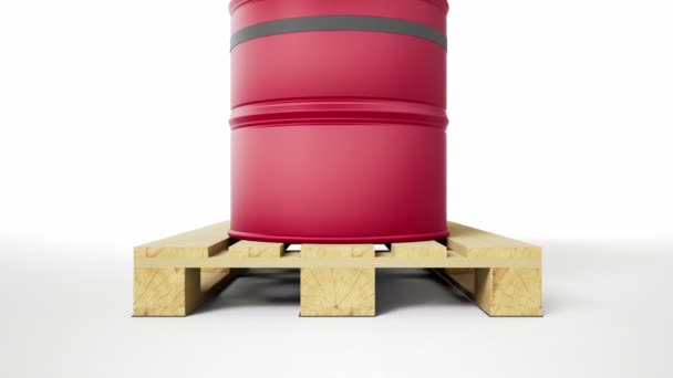 Two Metal Red Barrels Oil Symbol Located Wooden Pallet Isolated — Stock Video