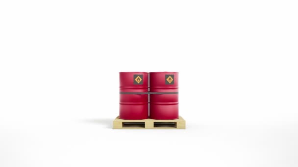 Two Metal Red Barrels Flammable Symbol Strapped Tape Located Wooden — Stock Video