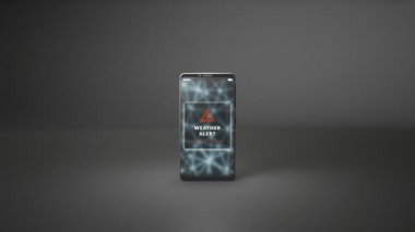 Akıllı telefon ekranında hava durumu uyarısı ile gelen mesaj. Cep telefonu ekranında tehlike uyarısı bildirimi. Sadece stüdyo ışık, kamera dolly zoom. Koyu arka plan, 3d animasyon.