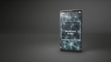 Hava durumu uyarı mesajı, telefon ekranında açılır bildirim. Ulusal meteoroloji servisi halka uyarılargönderdi. Akıllı telefon beyaz arka planda izole edilmiştir. 3d sorunsuz döngü animasyonu.