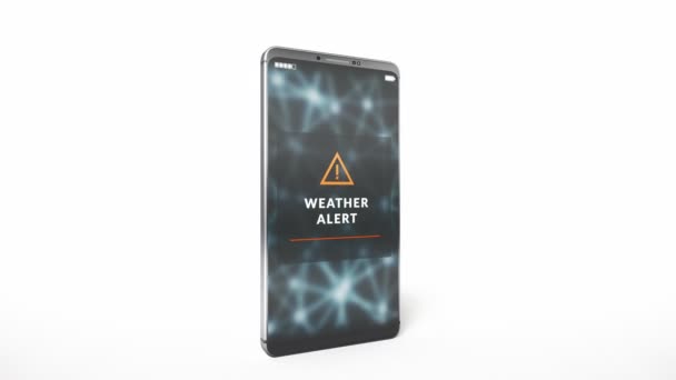 スマートフォンの表示画面で気象警報通知 緊急警報システムによって送信される災害および危険警報メッセージ シンプルなスタジオライト 白い背景に隔離されたデバイス — ストック動画