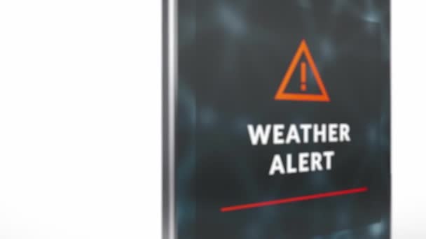 带有天气警报的手机 智能手机显示屏上的危险警告通知 紧急公共广播系统正在进行中 相机娃娃运动 白色背景 3D动画 — 图库视频影像