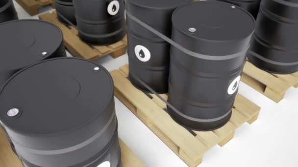 Many Black Metal Barrels Oil Symbol Placed Wooden Pallets Fuel — Stock Video