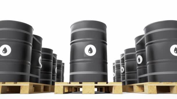 Stack Black Metal Barrels Oil Symbol Fuel Tanks Placed Wooden — Stock Video