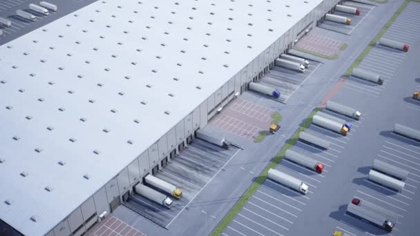 Lapso Tempo Aéreo Parque Logístico Com Armazém Caminhões Durante Carregamento — Vídeo de Stock