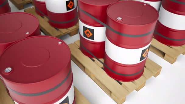 Red White Metal Barrels Flammable Symbol Body Arranged Row Wooden — Stock Video