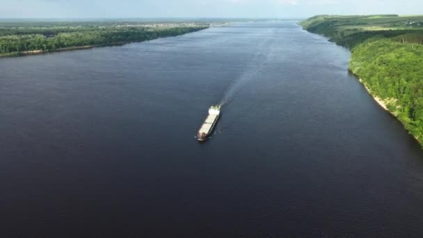 Ship goes along the Volga river, aerial view Video Clip