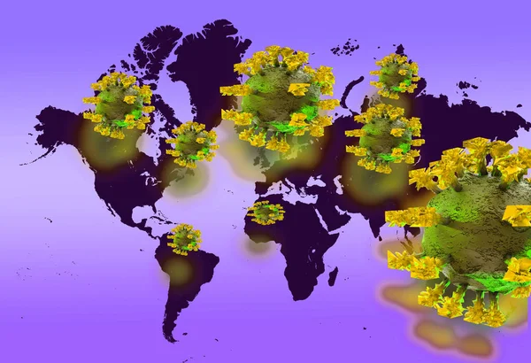 Coronavirus Covid Mapa Del Mundo Virus Volando Sobre Erath Rendering —  Fotos de Stock