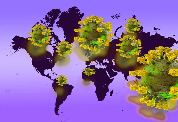 Coronavirus Covid 19世界地图和病毒在地球上空飞行 3D渲染 — 图库照片