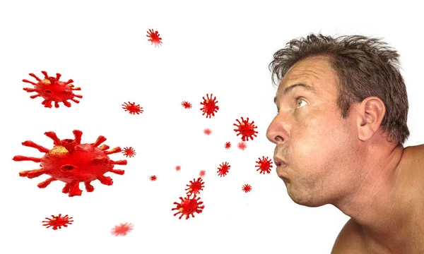 Coronavirus Covid Man Blow Red Virus White Background — Stock Photo, Image