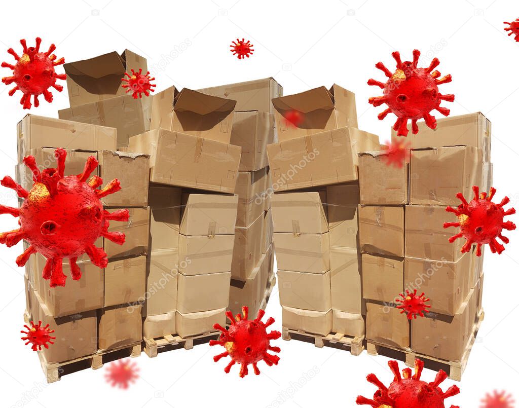  coronavirus covid-9 covid 19 virus and commerce boxes packages brown in a pile isolated - 3d rendering