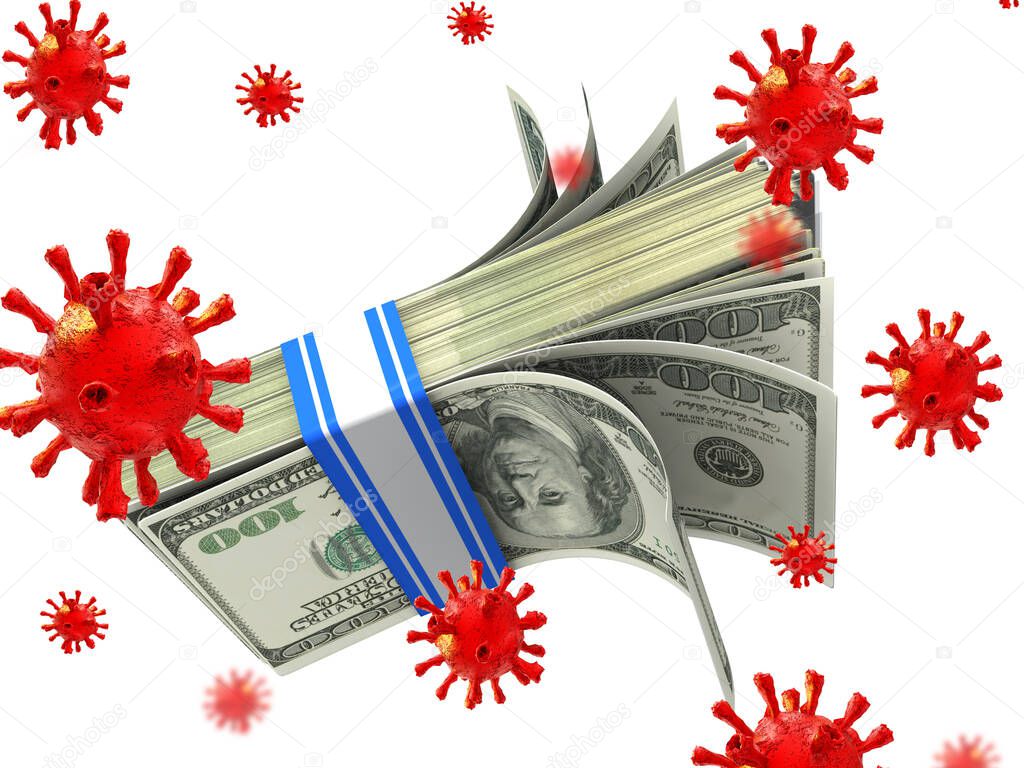 coronovirus covid 19 ,dollar brick falling from the sky isolated for background 3d rendering isolated