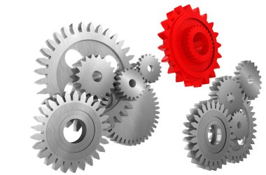 bağlantı için kırmızı üzerine dişli sistem bağlantısı arkaplanı - 3d oluşturma