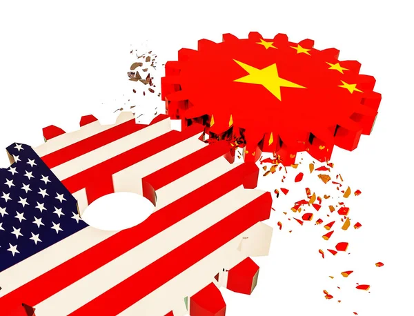 Usa China Relationships Trading Economy Competion Gears Flags Broken Piecies — Stock Photo, Image