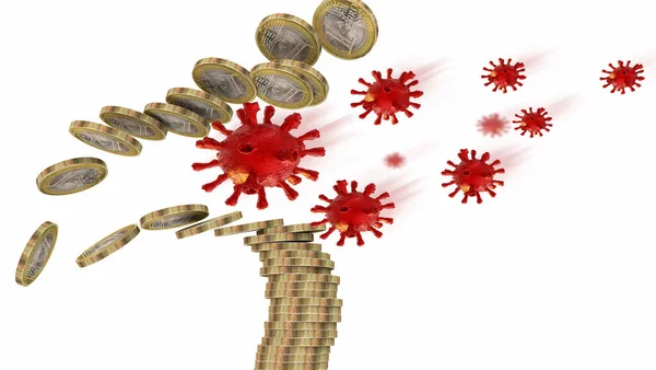 Covid 19コロナウイルスと経済予算不況の現金問題スタック内のユーロコイン 3Dレンダリング — ストック写真
