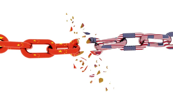 Commercial War China Usa Ameriaca Flags Chain Broken Pieces Rendering — Stock Photo, Image
