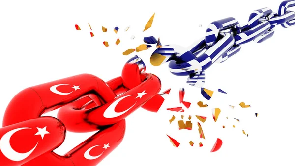 Turkey Greece Greek Crisis War Broken Chain Flag Rendering — Zdjęcie stockowe
