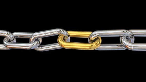 Golden Link Silver Chain Isolated Black Background Rendering — 스톡 사진