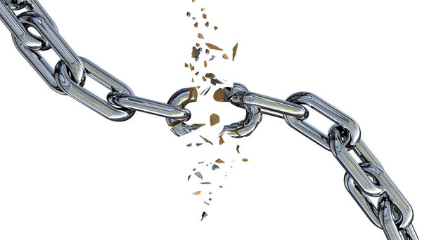 chain curve  exploding on th weak connector from strong power  - 3d rendering