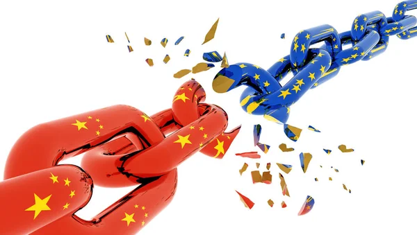 Kína Európai Válság Zászló Lánc Megszakad Varrott Békák Renderelés — Stock Fotó