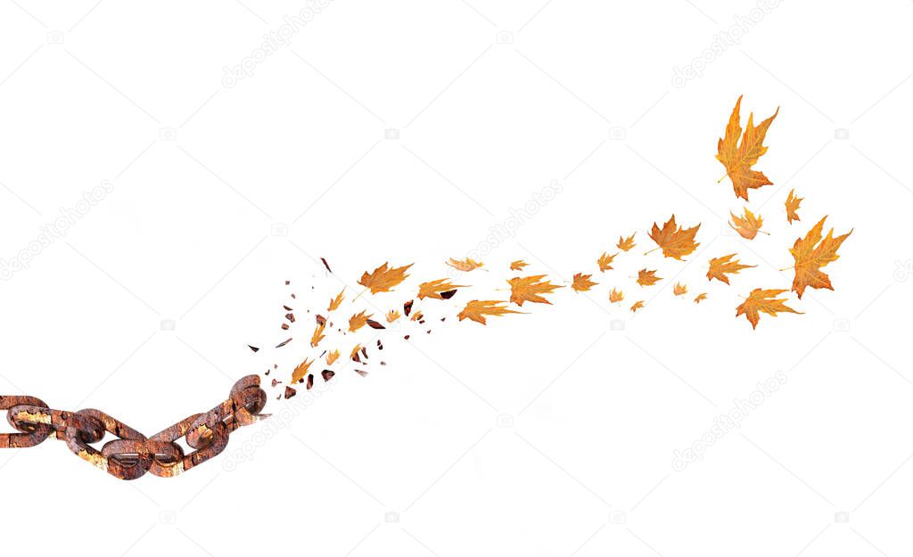 autumn leaves flying on the wind and chain isolated rusty breaking craccking - 3d rendering