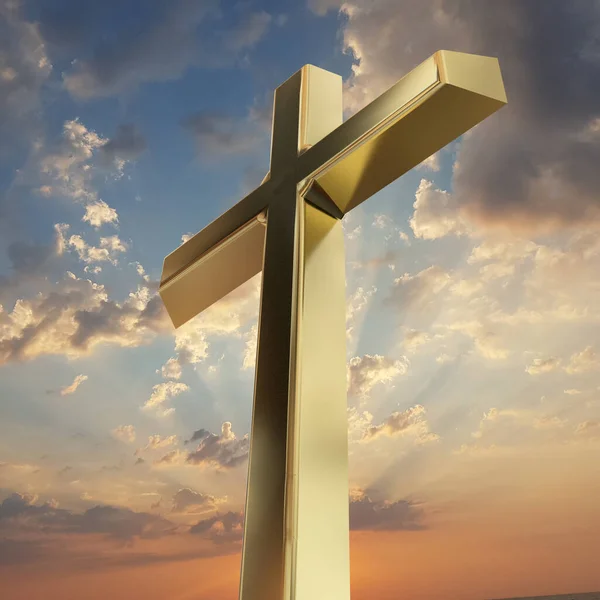 Kříž Zlaté Mraky Strana Pohled Slunce Paprsky Nebe Vykreslování — Stock fotografie