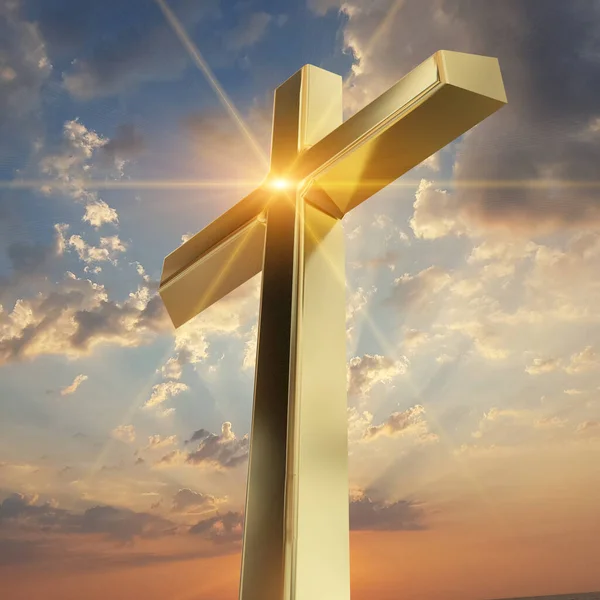 Kříž Zlaté Mraky Strana Pohled Slunce Paprsky Nebe Vykreslování — Stock fotografie