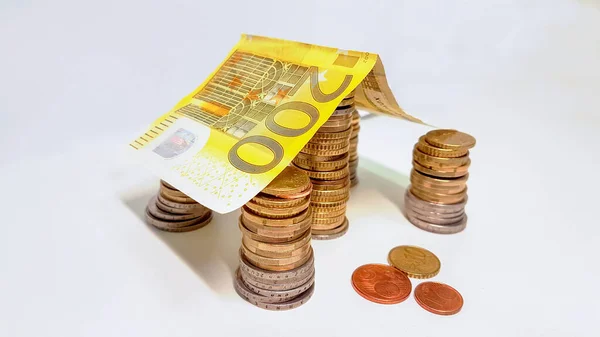 Money Home House Roof Euro Banknote Coins Real Estate — Stock Photo, Image