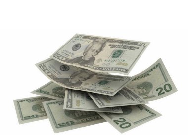 20 dolar. Beyaz arka planda uçan 20 dolar. 3D görüntüleme.