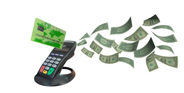 pos device green credit  card dollars money  point of sale  isolated bussinness background