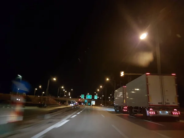 Közúti Lámpák Éjszakai Utazás Autópálya Ionia Utcai Görögország — Stock Fotó