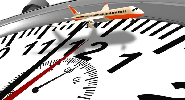 airplane plane clock time travel  flight arival departure, 3d rendering
