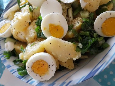 Yumurta, patates, soğan, tuz ve Yunan salatası.