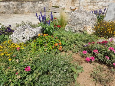 Doğal ortamda olduğu gibi taşlı bir ev için tasarlanmış kır çiçekleri bahçesi.