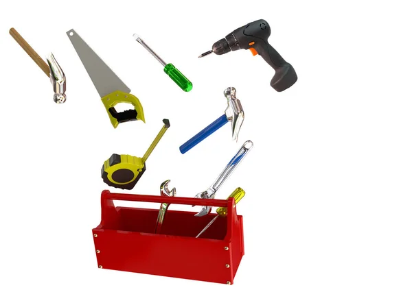 Tools Falling Toolbox Saw Hammer Screwdriver Meter Wrench Toolkit Craftsmanship — Stock Photo, Image