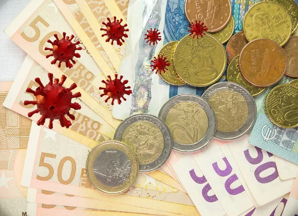 Wirus Covid Coroanvirus Rynku Pieniężnym Wymiany Banknotów Monet Euro Rendeing — Zdjęcie stockowe
