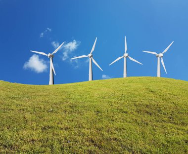 Baharda çimen çayırında rüzgar jeneratörleri ve arka planda gökyüzü bulutları - 3D görüntüleme