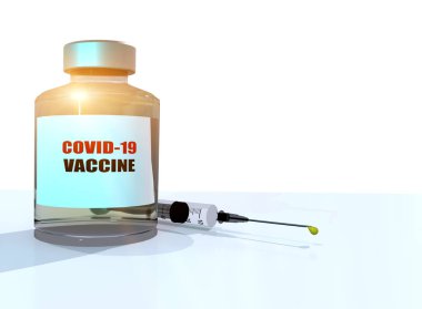 Aşı ampülü şırınga covid-19 Coronavirus etiketli tıbbi arka plan güneş ışını- 3D görüntüleme