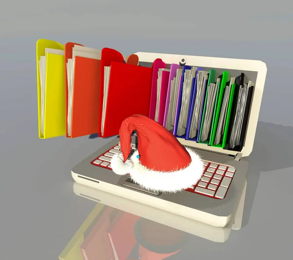 Pliki Folderów Danych Komputerem Christmas Hat Laptop — Zdjęcie stockowe